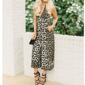 Urban Outfitters leopard print halter tie neck wide leg cropped jumpsuit size S